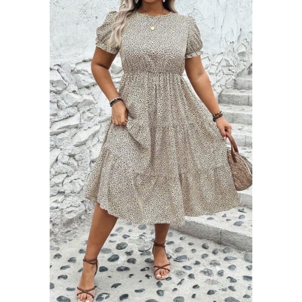 🆕 Leopard Print Puff Sleeve Beige Dress